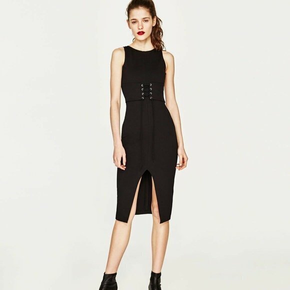 Zara Dresses & Skirts - Zara‎ Corset pencil Fitted Lace Up Black Midi Body Con Dress